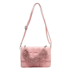 Female PU Leather Checkered Shoulder Bag Flip Plush Handle Mini Handle Bag