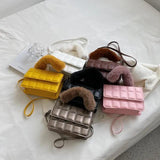 Female PU Leather Checkered Shoulder Bag Flip Plush Handle Mini Handle Bag
