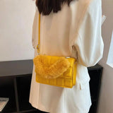 Female PU Leather Checkered Shoulder Bag Flip Plush Handle Mini Handle Bag