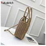 Retro Rattan Shoulder Bag Round Straw Handbag Boho Beach Messenger Bag