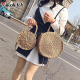 Retro Rattan Shoulder Bag Round Straw Handbag Boho Beach Messenger Bag