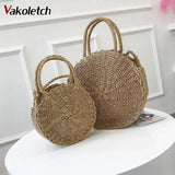 Retro Rattan Shoulder Bag Round Straw Handbag Boho Beach Messenger Bag