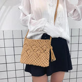 Straw Hand Woven Bag Clutch Beach Shoulder Bags Vintage Cotton Tassel