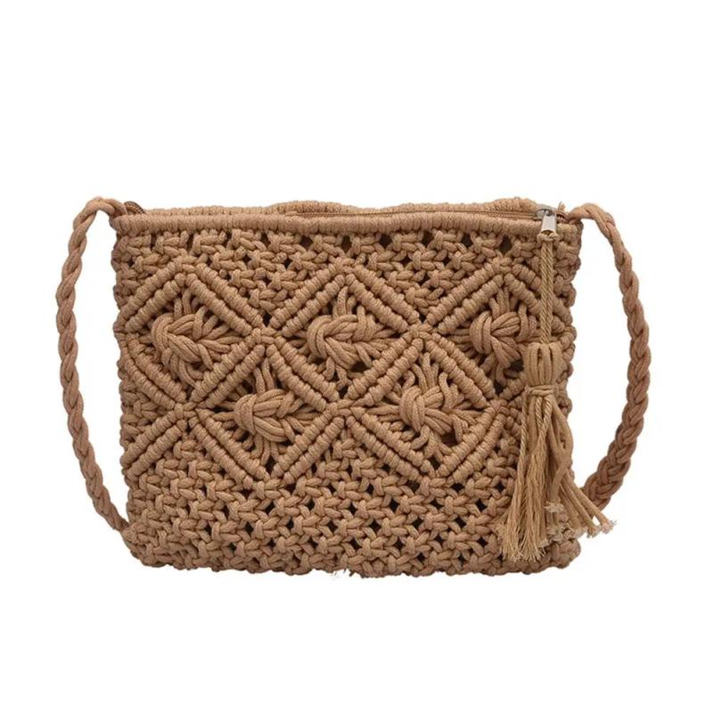 Straw Hand Woven Bag Clutch Beach Shoulder Bags Vintage Cotton Tassel
