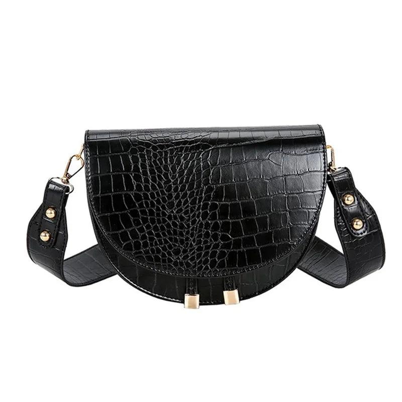 Crocodile Pattern Crossbody Bag - Half Round Solid Pu Leather Handbag