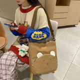 Women Canvas Bear Shoulder Bag High Capacity Tote Messenger Small Square Bag