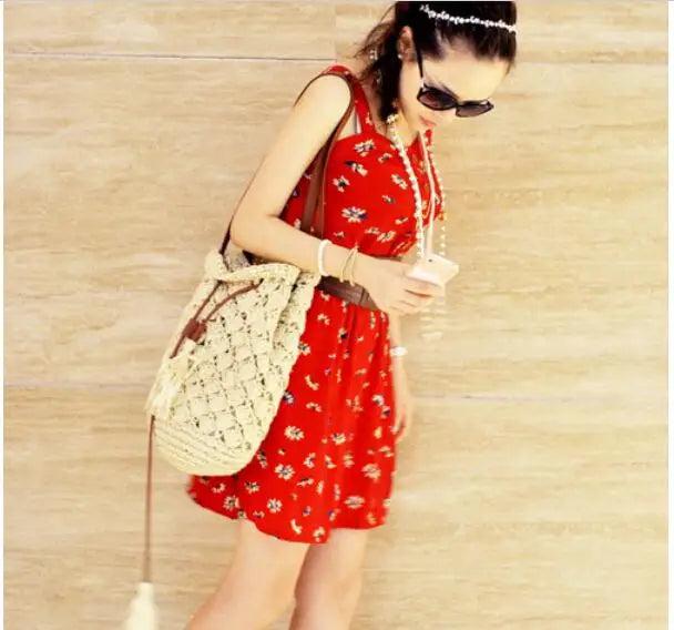 Woman Crochet Shoulder Bag Rattan Straw Beach Hollow Out Bag