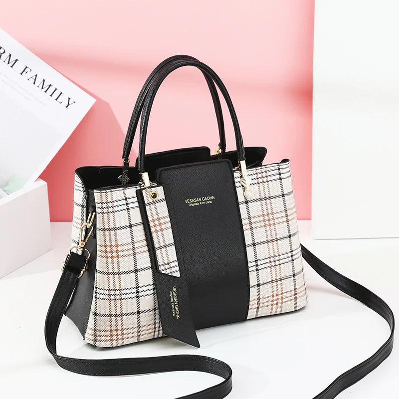 Autumn Plaid Stitching Handbag Large Capacity Shoulder Bag Female