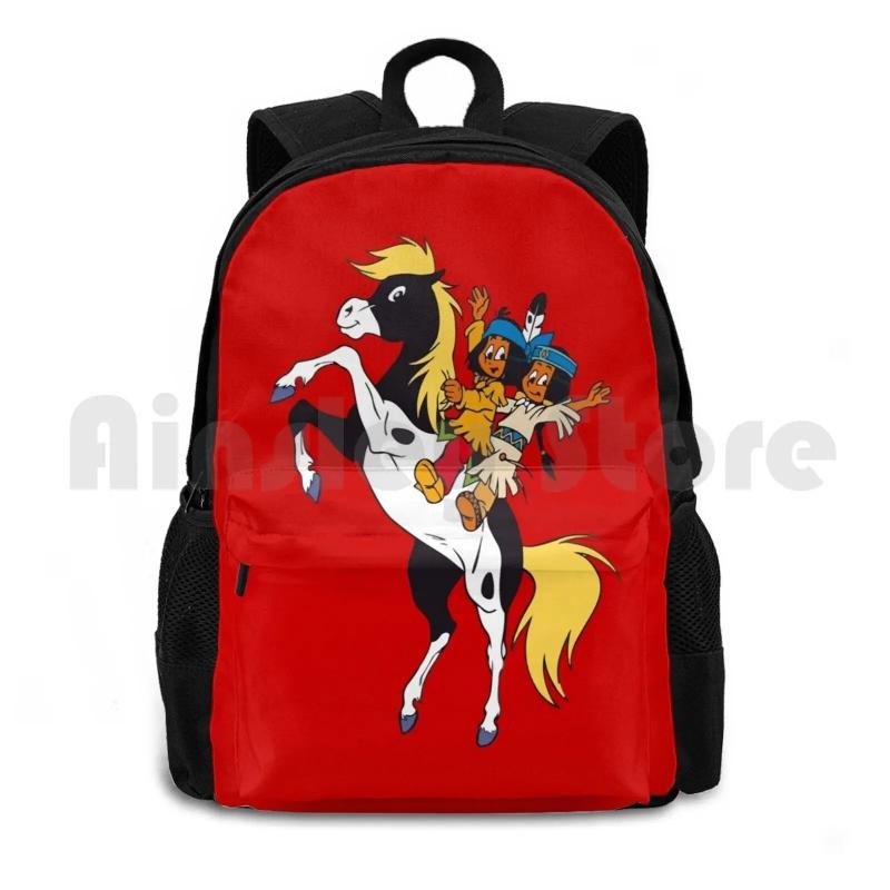 Yakari And Rainbow On Horse Red Outdoor Hiking Backpack Climbing Sports Bag