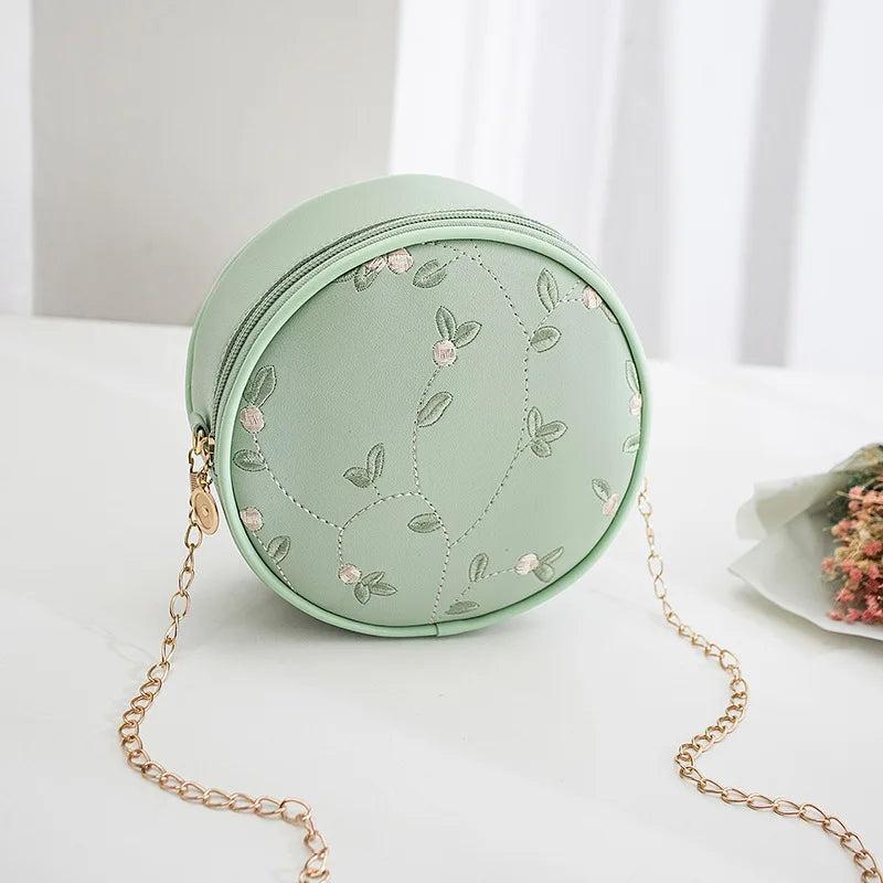 Girl's Round PU Leather Shoulder Crossbody Bag with Embroidery