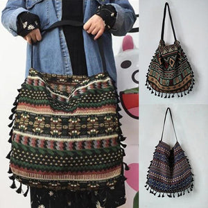 Vintage Ethnic Style Shoulder Bag Tassel Handbag No Lining Inner Pocket