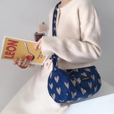 Corduroy Bucket Shoulder Bag - Love Heart Pattern