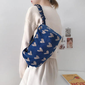 Corduroy Bucket Shoulder Bag - Love Heart Pattern