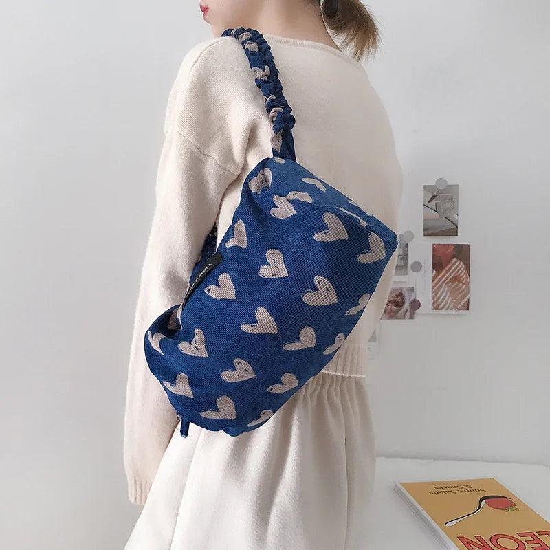 Corduroy Bucket Shoulder Bag - Love Heart Pattern