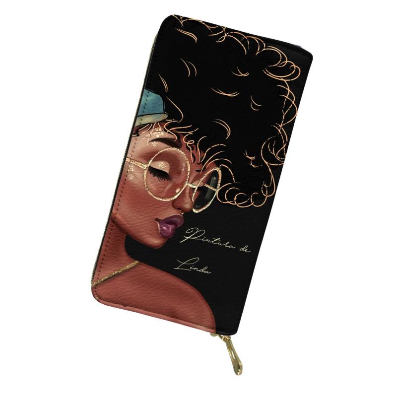 African Girl Pattern Long Wallets Zipper Clutch Bag Credit Card Holder