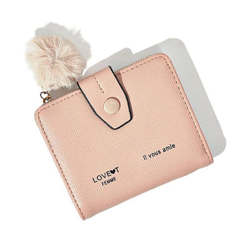 Students Small Wallet Pu Multifunctional Coin Clip Plush Pendant Zipper