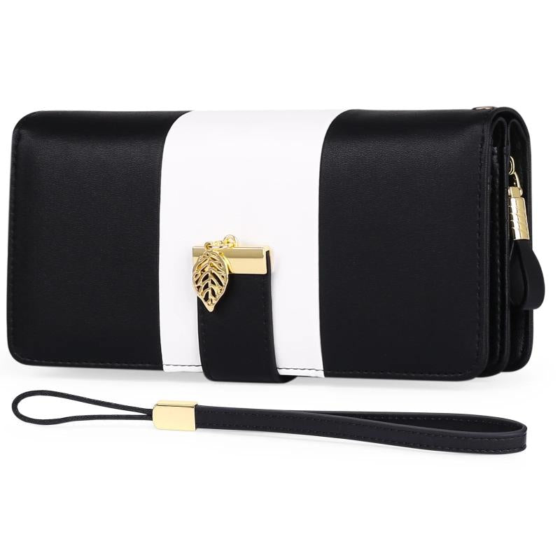 Long Zipper Wallet Contrast PU Leather Large Capacity Handbag