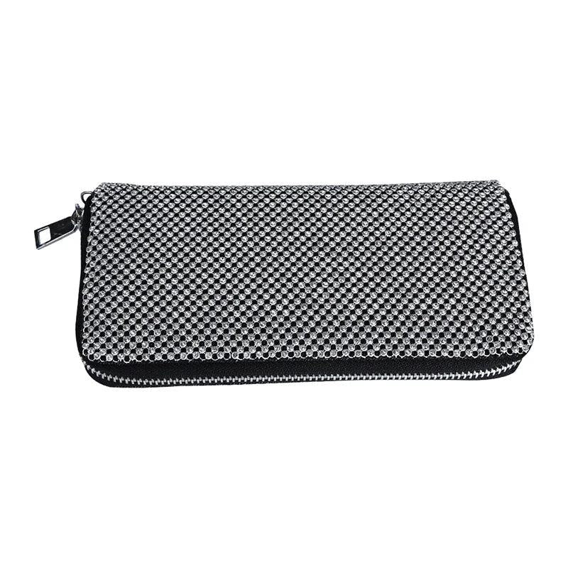 Rhinestone Wallet Handbag with Chain Strap Zipper Closure