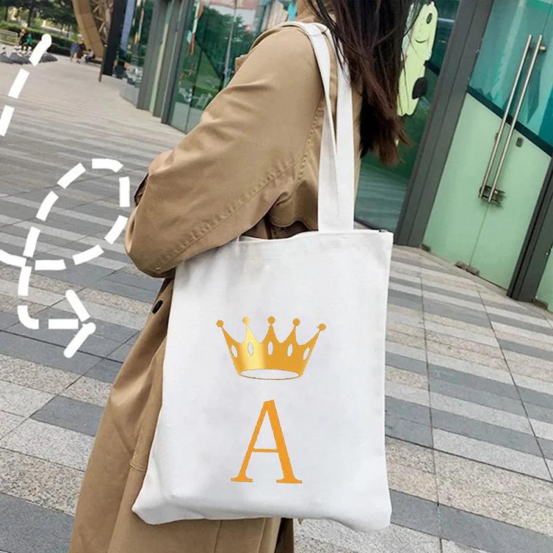 Golden Alphabet Women Shopper Bag Canvas Tote Shoulder Lady Shopping Bag