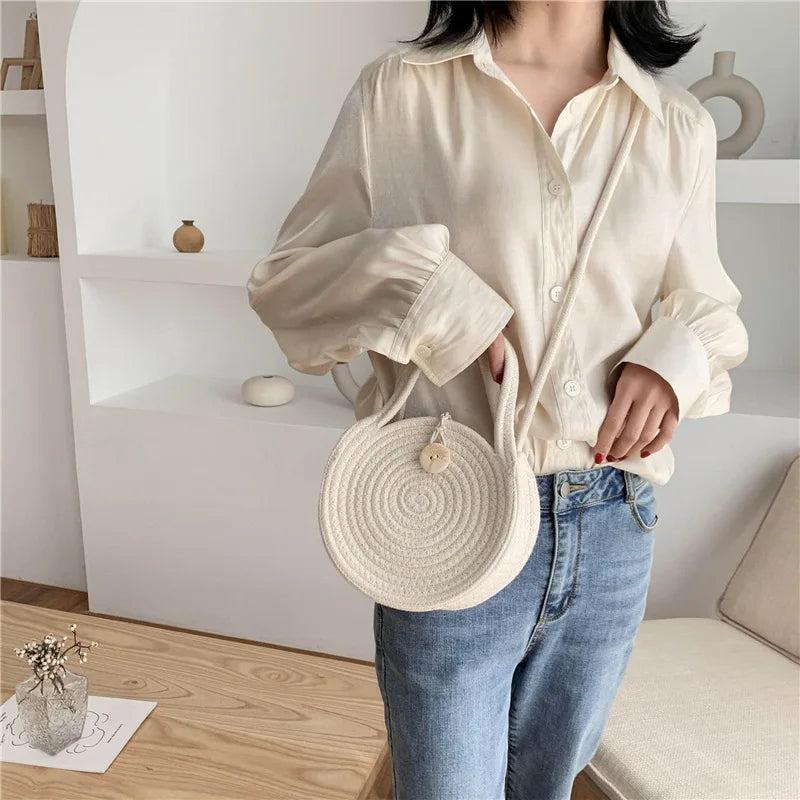 Round Cotton Rope One Shoulder Woven Bag Beach Bag
