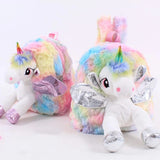 Baby Girl Unicorn Fur Backpack Zipper Schoolbag Kid Toy Doll Plush Bag