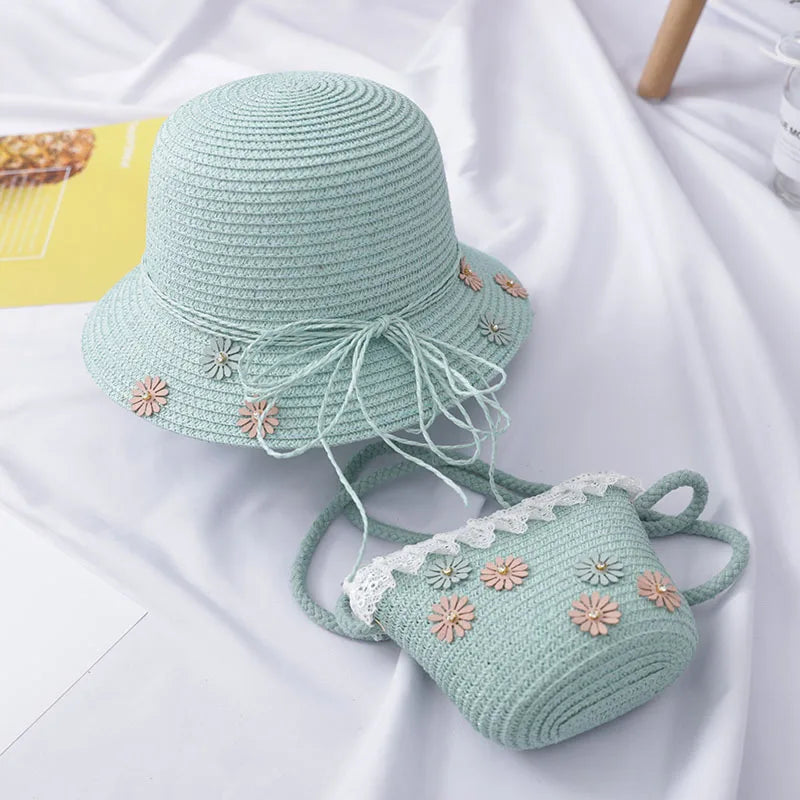 Baby Kid Beach Bucket Cap Straw Sun Hat+Handbag Straw Bag
