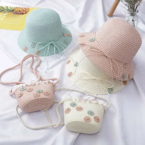 Baby Kid Beach Bucket Cap Straw Sun Hat+Handbag Straw Bag