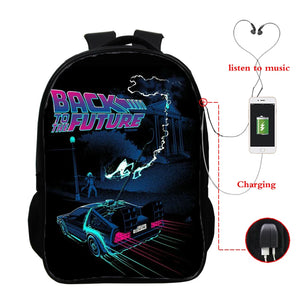 Back to Future Print Backpack Bag 16 Inch USB Students College Teens School Bags