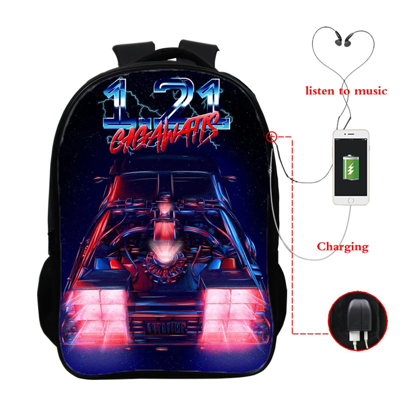 Back to Future Print Backpack Bag 16 Inch USB Students College Teens School Bags