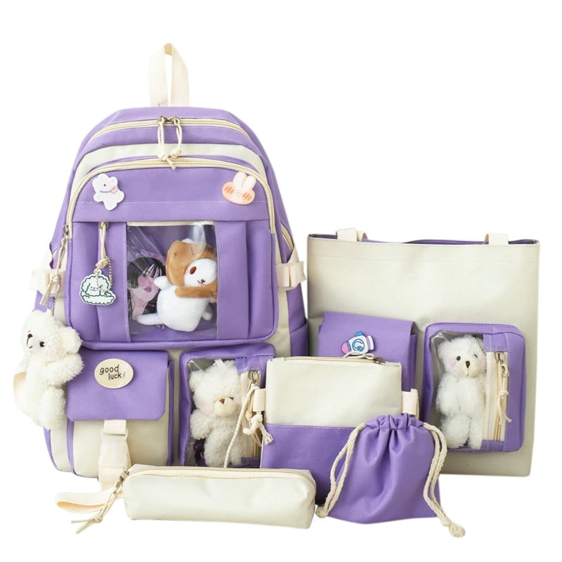 Teenage Girl High School Backpack Set Canvas Travel Bags