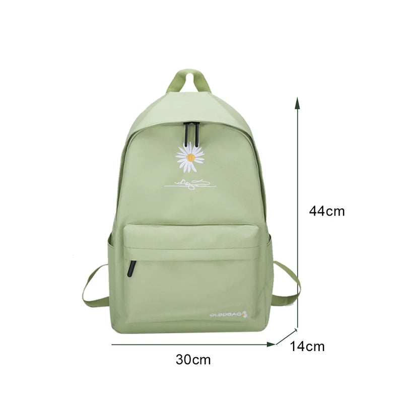 Casual Canvas Book Backpack Green with Daisy Embroidery Large Capacity