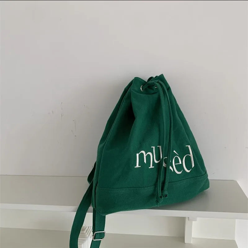 Embroidered Canvas Drawstring School Backpack for Women