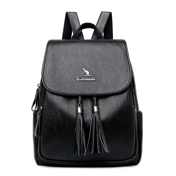 Women Leather Tassel Backpack School Bags for Teenage Girls