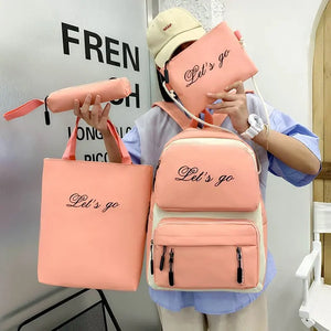 Canvas Women Backpack 4 Pcs Sets School Book Bags for Teenager Girls