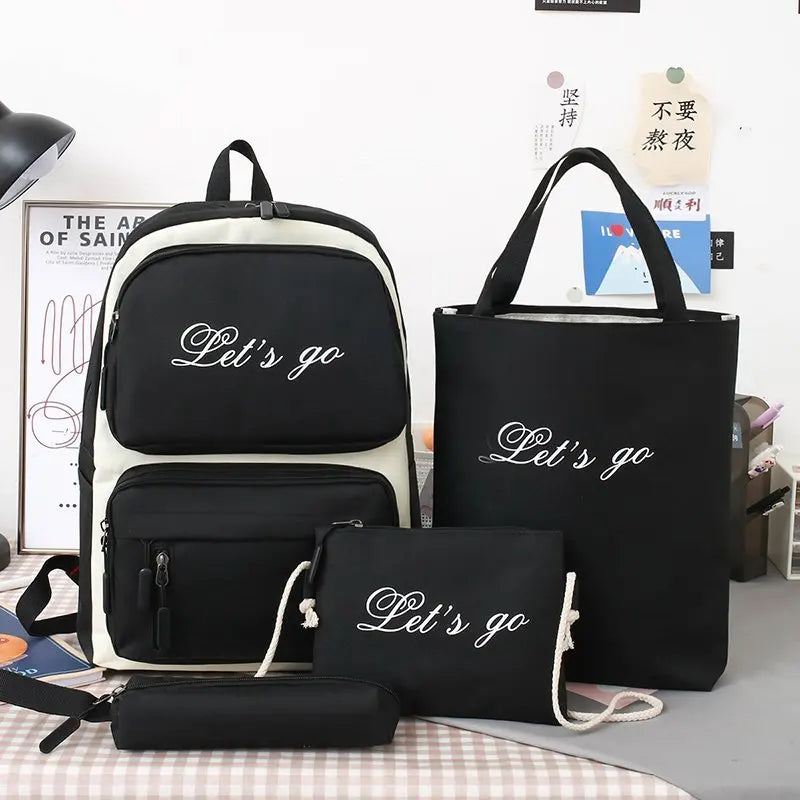 Canvas Women Backpack 4 Pcs Sets School Book Bags for Teenager Girls