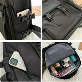 Preppy Students Backpack Large Capacity Button Travel Bag Solid Harajuku Retro U