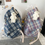 Women Plaid Nylon Backpack Waterproof Vintage Preppy Style Sweet Girls All-match