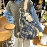 Women Plaid Nylon Backpack Waterproof Vintage Preppy Style Sweet Girls All-match