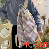 Women Plaid Nylon Backpack Waterproof Vintage Preppy Style Sweet Girls All-match