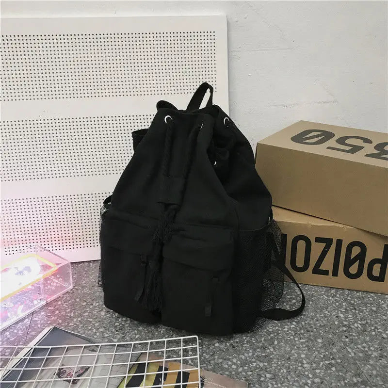 Canvas Patchwork Drawstring Solid Harajuku Travel Backpack