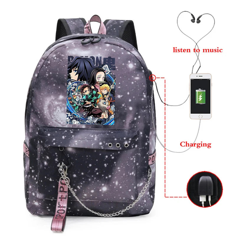 Demon Slayer Anime Outdoor Canvas Backpack Women Sports Bag