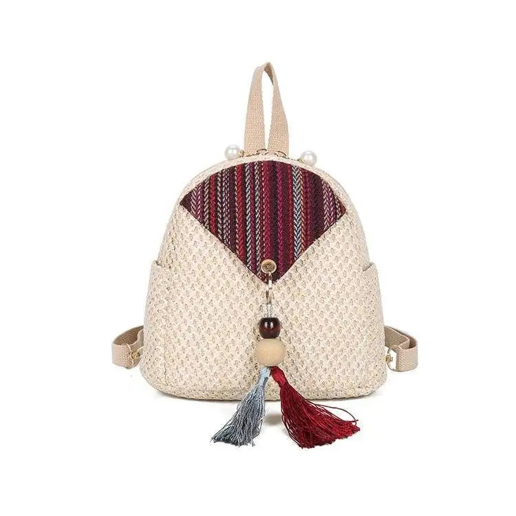 Tassel Patchwork Casual Travel Backpack Women School Bag Mini Woven Ulzzang