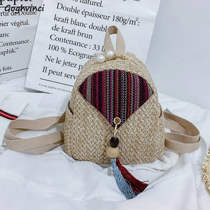 Tassel Patchwork Casual Travel Backpack Women School Bag Mini Woven Ulzzang