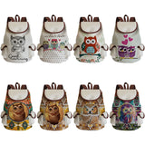 Eco Linen Drawstring Children Backpack School Large Capacity Owl Print