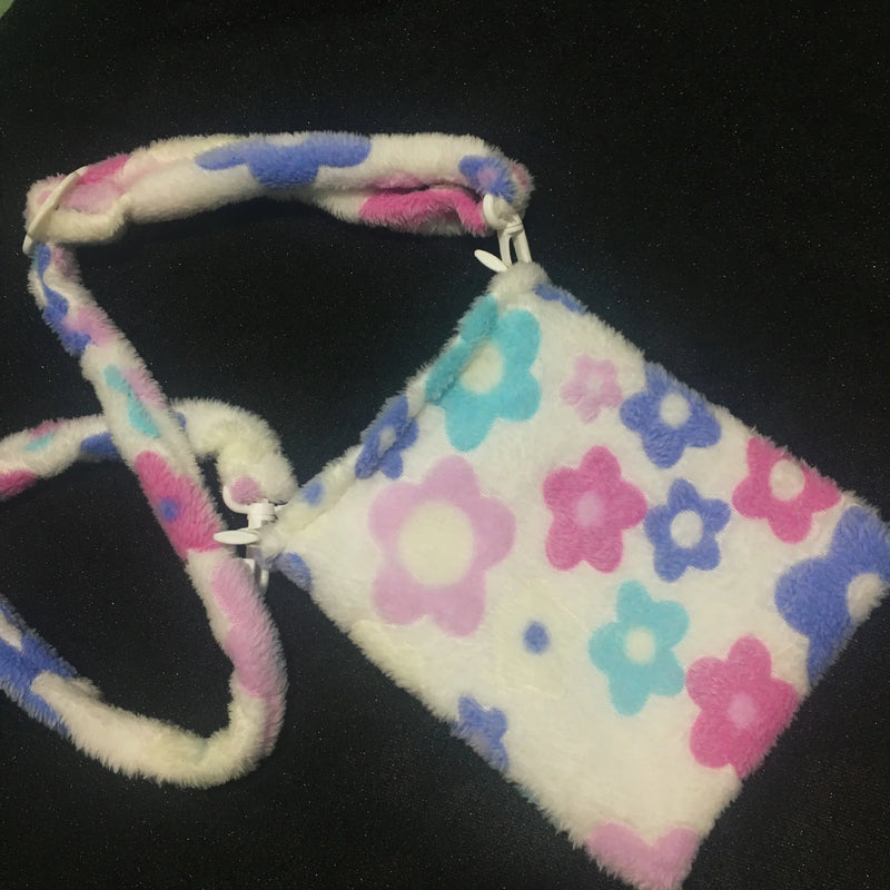 Small Flower Plush Messenger Bag Winter Shoulder Bag Warm Fur Handbag