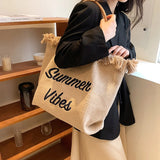 Canvas Shoulder Bag Large Capacity Tote Bag with Tassel for Women