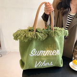 Canvas Shoulder Bag Large Capacity Tote Bag with Tassel for Women