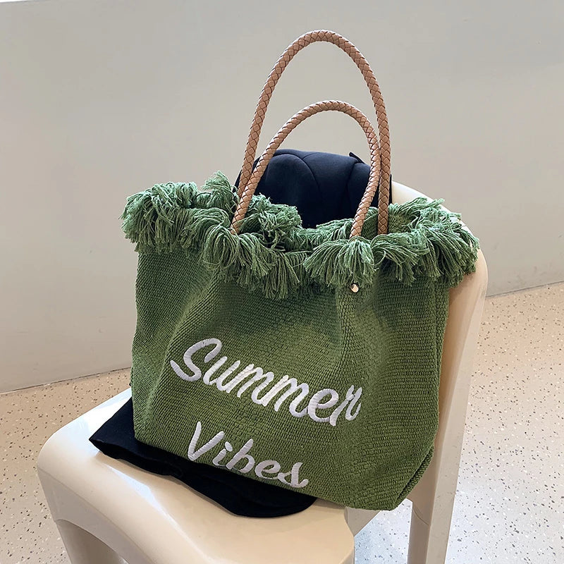 Canvas Shoulder Bag Large Capacity Tote Bag with Tassel for Women