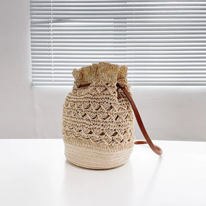 Summer Woven Bucket Bag Lady Beach Bags Drawstring Crossbody Bag