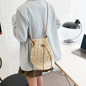 Summer Woven Bucket Bag Lady Beach Bags Drawstring Crossbody Bag